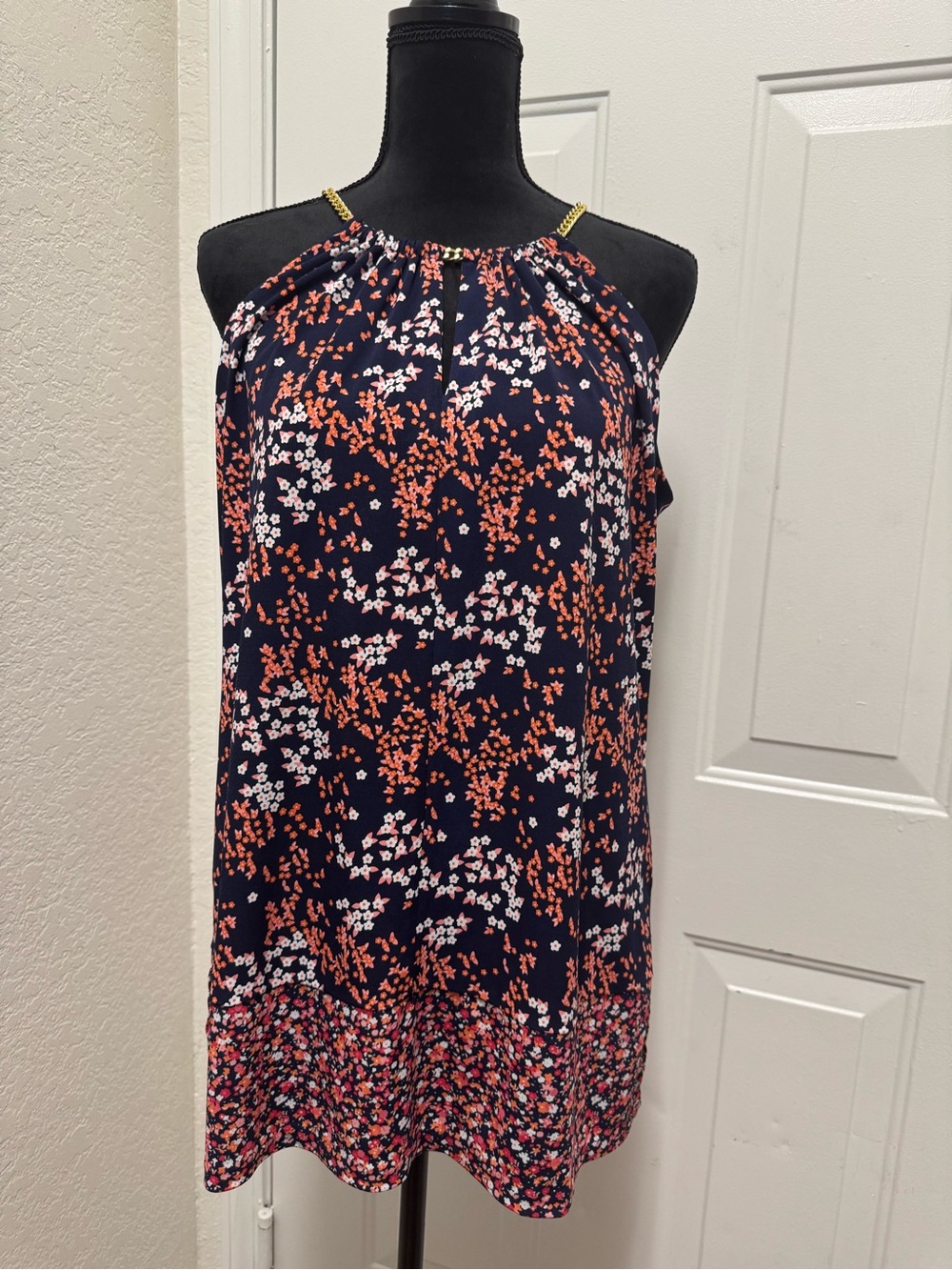 MICHAEL Michael Kors Navy Floral Halter Dress with Gold Chain Straps